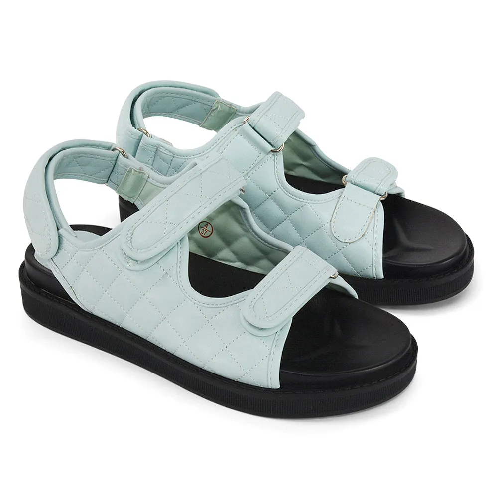 Erina Quilted Double Strap Flat Dad Sandals In Black Synthetic Leather