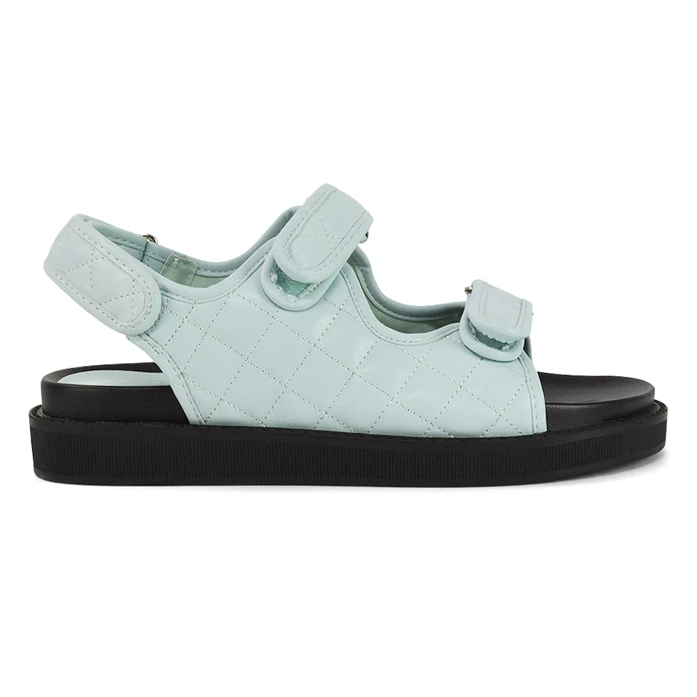 Erina Quilted Double Strap Flat Dad Sandals In Blue Synthetic Leather