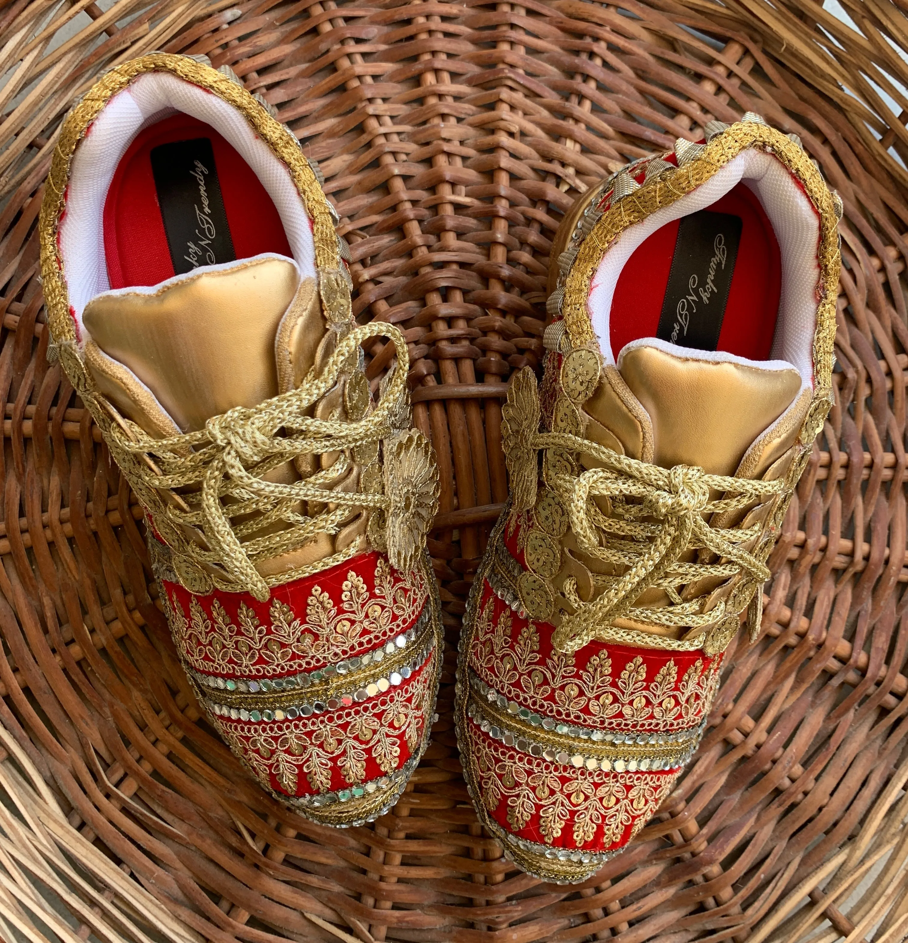 FUNKY N TRENDY red and gold bridal sneakers / bridesmaid sneakers/ golden sneakers / gold sneakers / red shoes / red bridal sneakers / embroidered shoes / embroidered sneakers