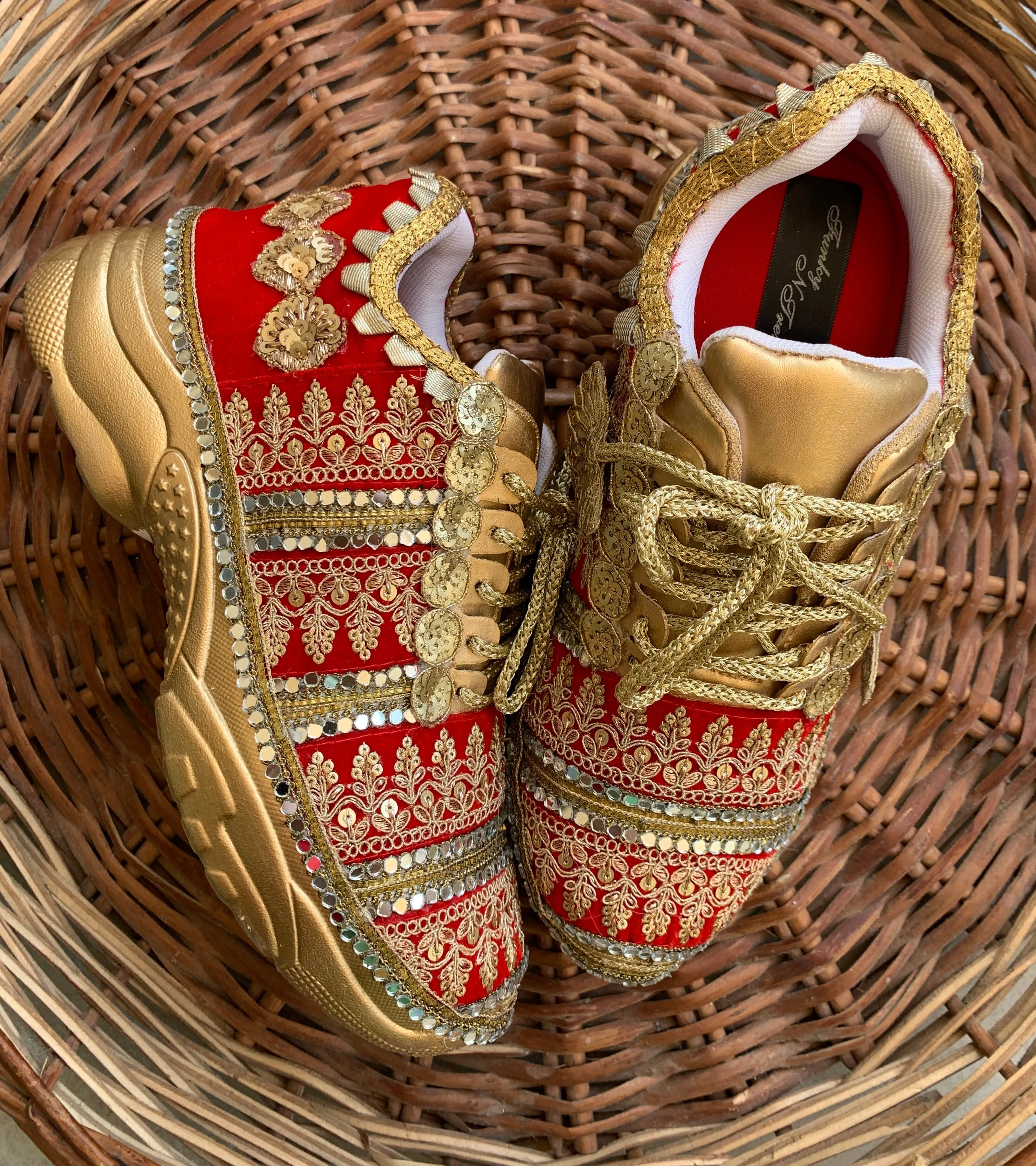 FUNKY N TRENDY red and gold bridal sneakers / bridesmaid sneakers/ golden sneakers / gold sneakers / red shoes / red bridal sneakers / embroidered shoes / embroidered sneakers