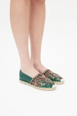 Green & Multicolour Embroidered Leather Espadrille