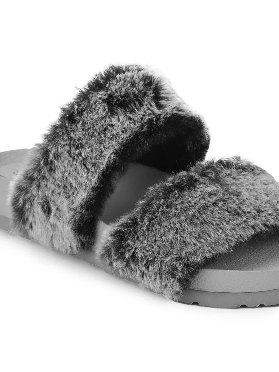 Grey Faux Fur Slip Ons