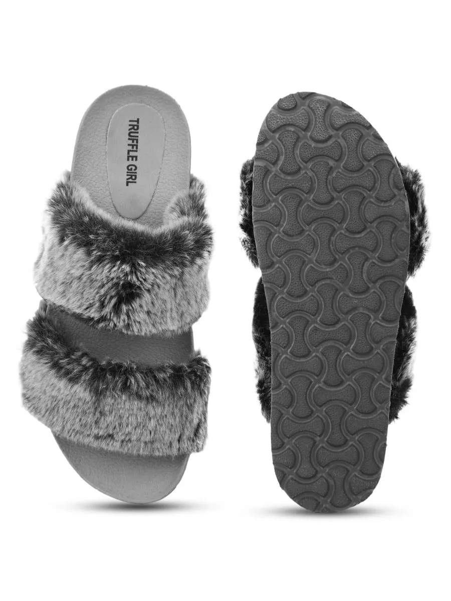 Grey Faux Fur Slip Ons