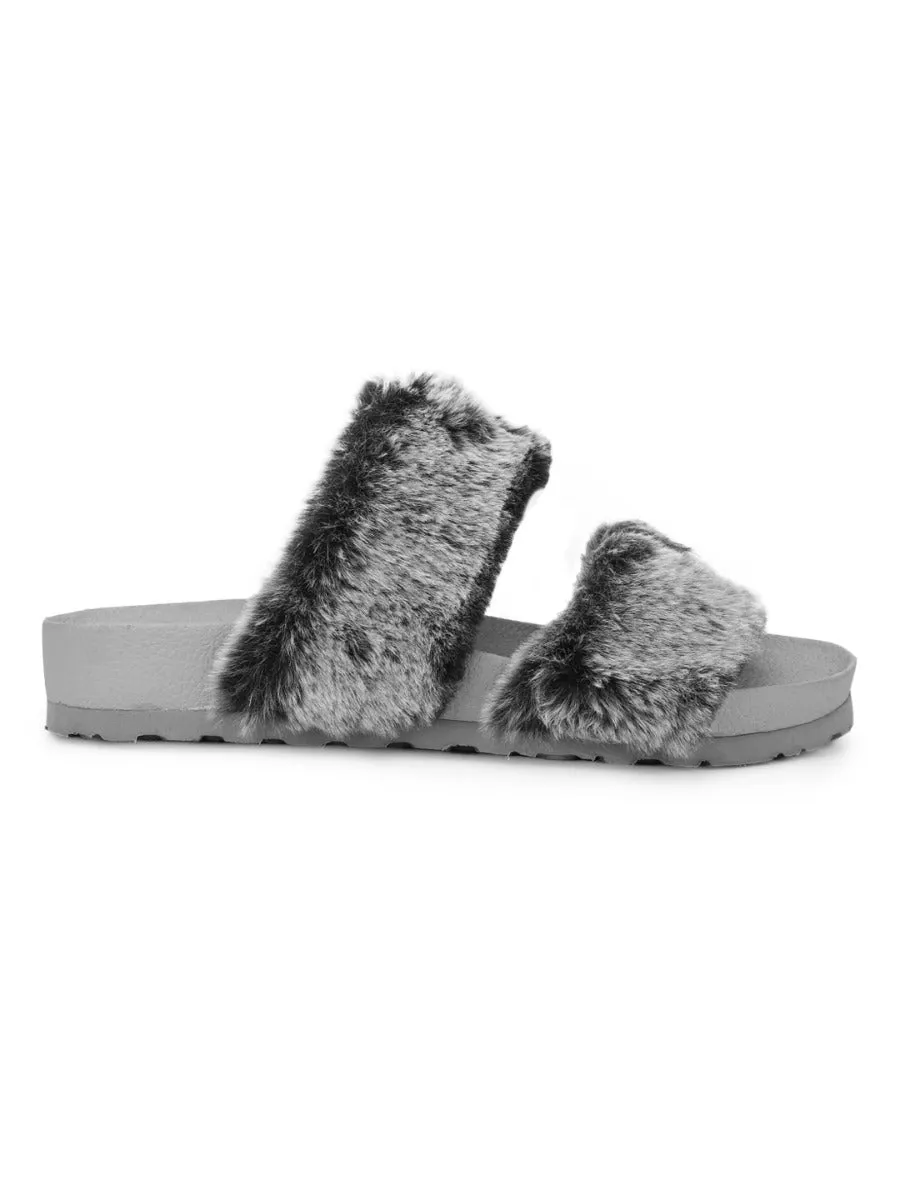 Grey Faux Fur Slip Ons