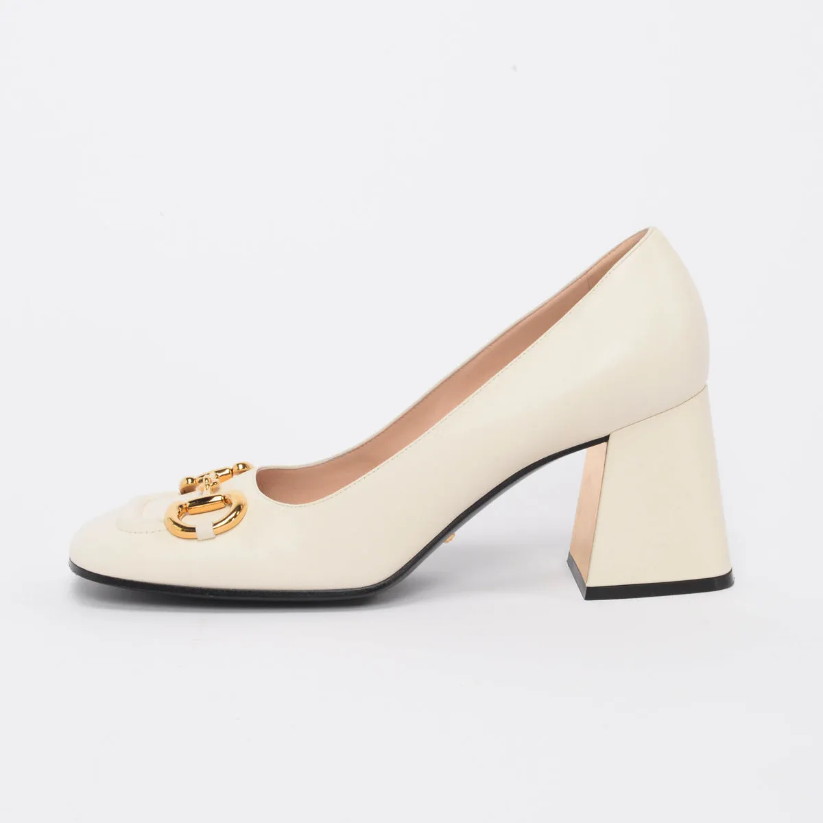 Gucci White Calfskin Horsebit Mid-Heel Pumps 40.5