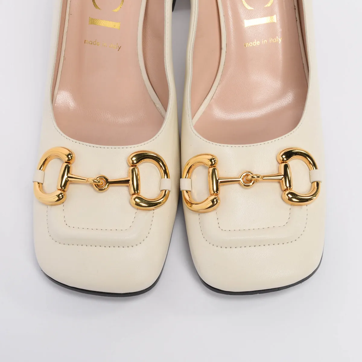 Gucci White Calfskin Horsebit Mid-Heel Pumps 40.5