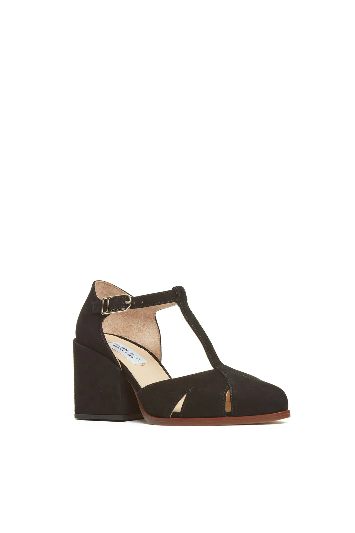 Hawes T-Strap Heel in Black Suede