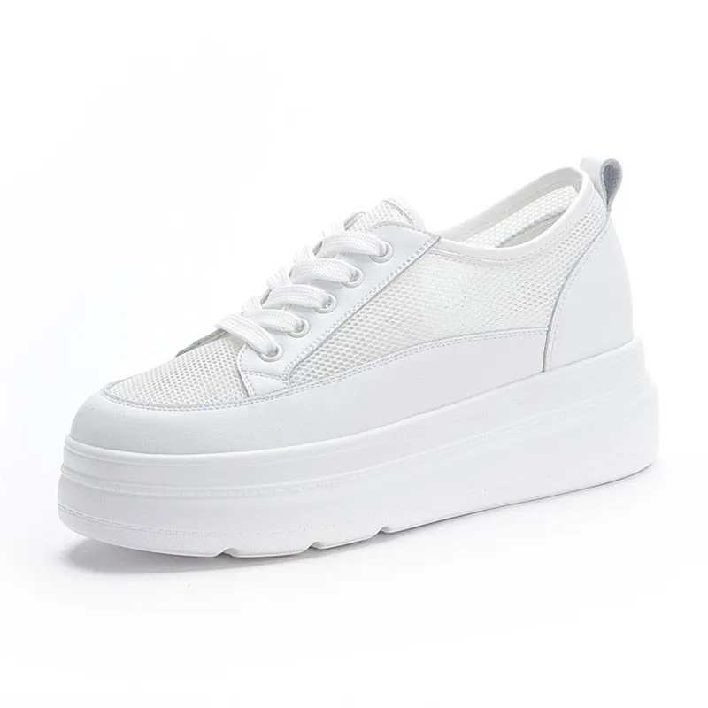 Hnzxzm Genuine Leather Shoes Women Sneakers Height Increasing Shoes Casual Woman White Footwear New Spring Summer Thick Sole 5cm A1437