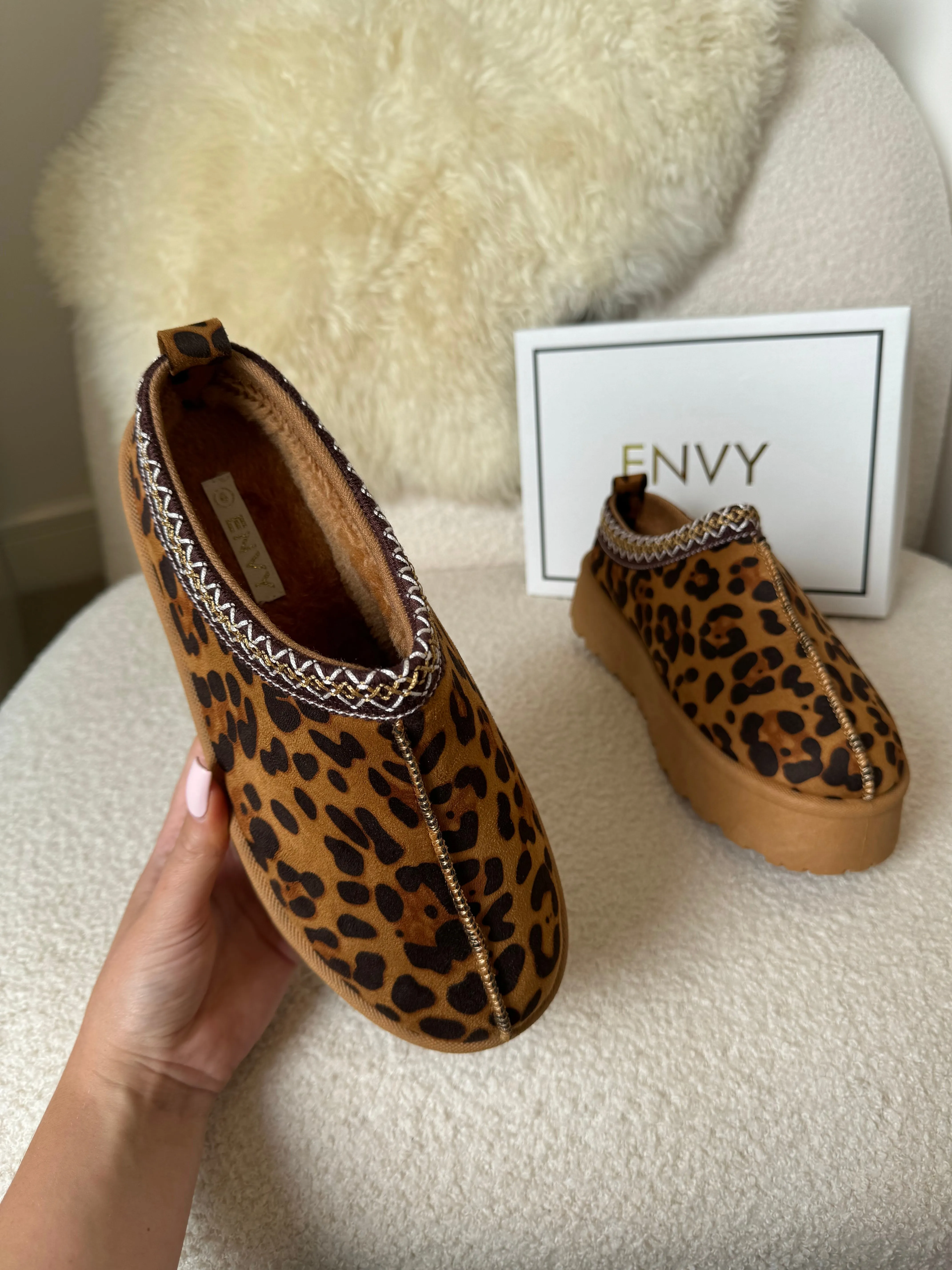 HOLLIE ULTRA PLATFORM LEOPARD EMBROIDERED ANKLE SLIPPER BOOTS