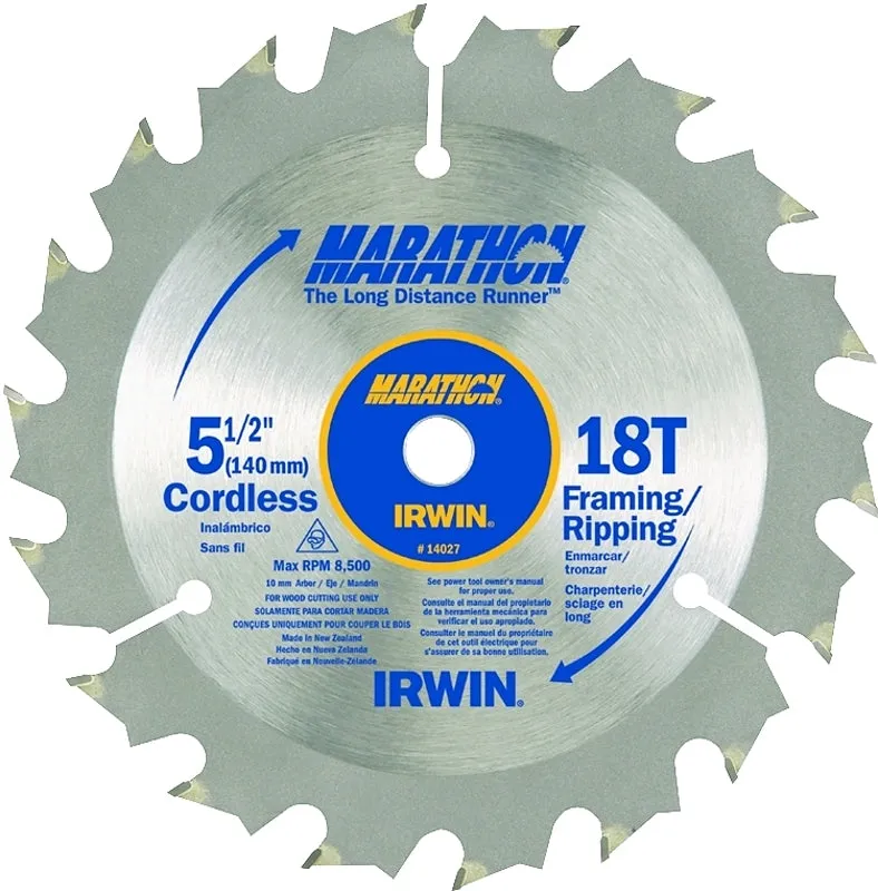 Irwin Marathon 14027 Circular Saw Blade, 5-1/2 in Dia, 0.39 in Arbor, 18-Teeth, Carbide Cutting Edge :CD 1: QUANTITY: 1