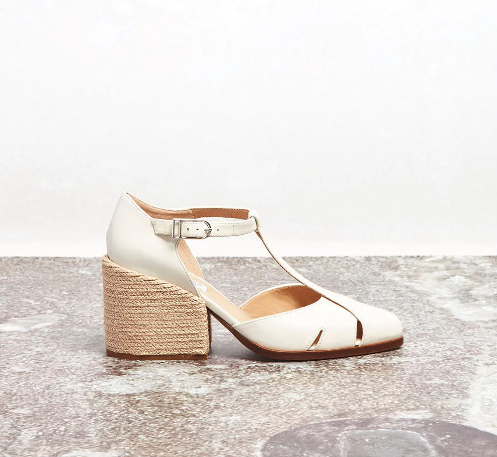 Ivy T-Strap Heel in Cream Leather