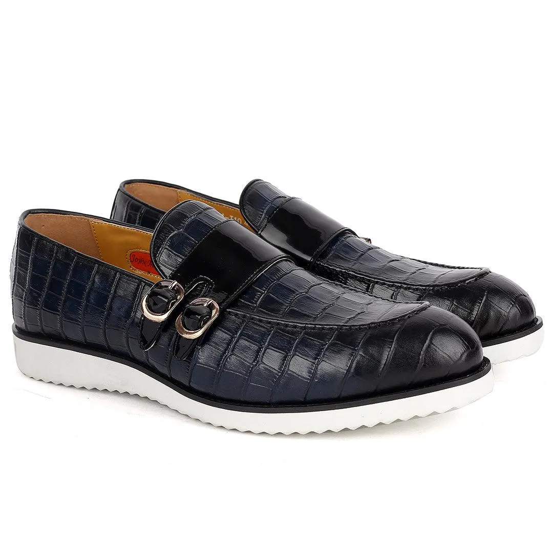 John Mendson Classy Navy-Blue Croc Leather With  Glossy Double Strap Design And White Sole