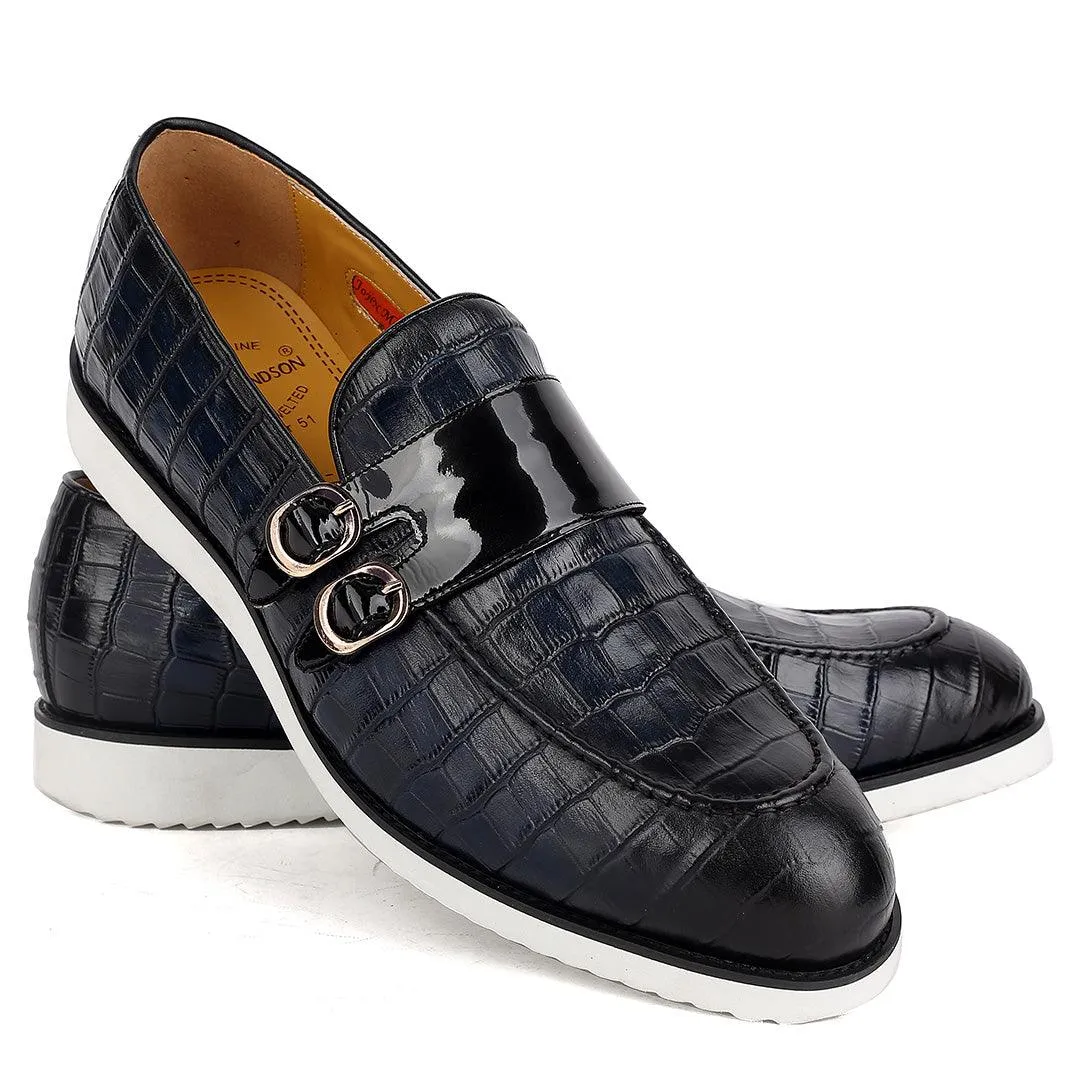 John Mendson Classy Navy-Blue Croc Leather With  Glossy Double Strap Design And White Sole