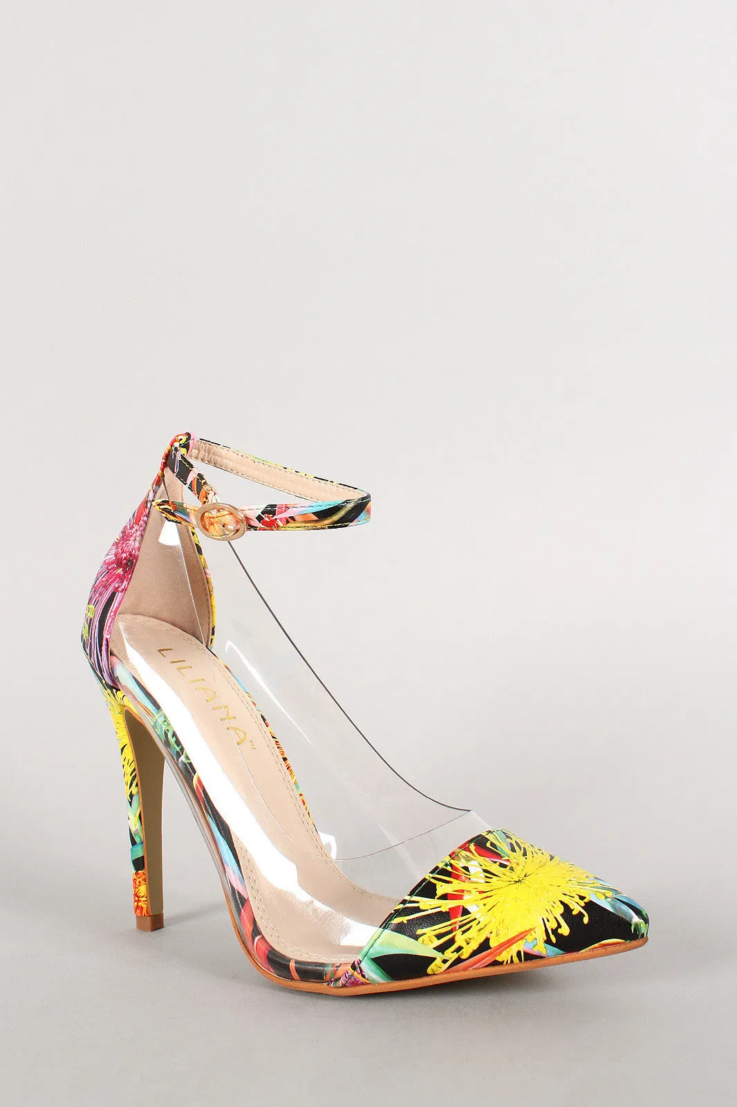 Liliana Floral Lucite Ankle Strap Pointy Toe Pump