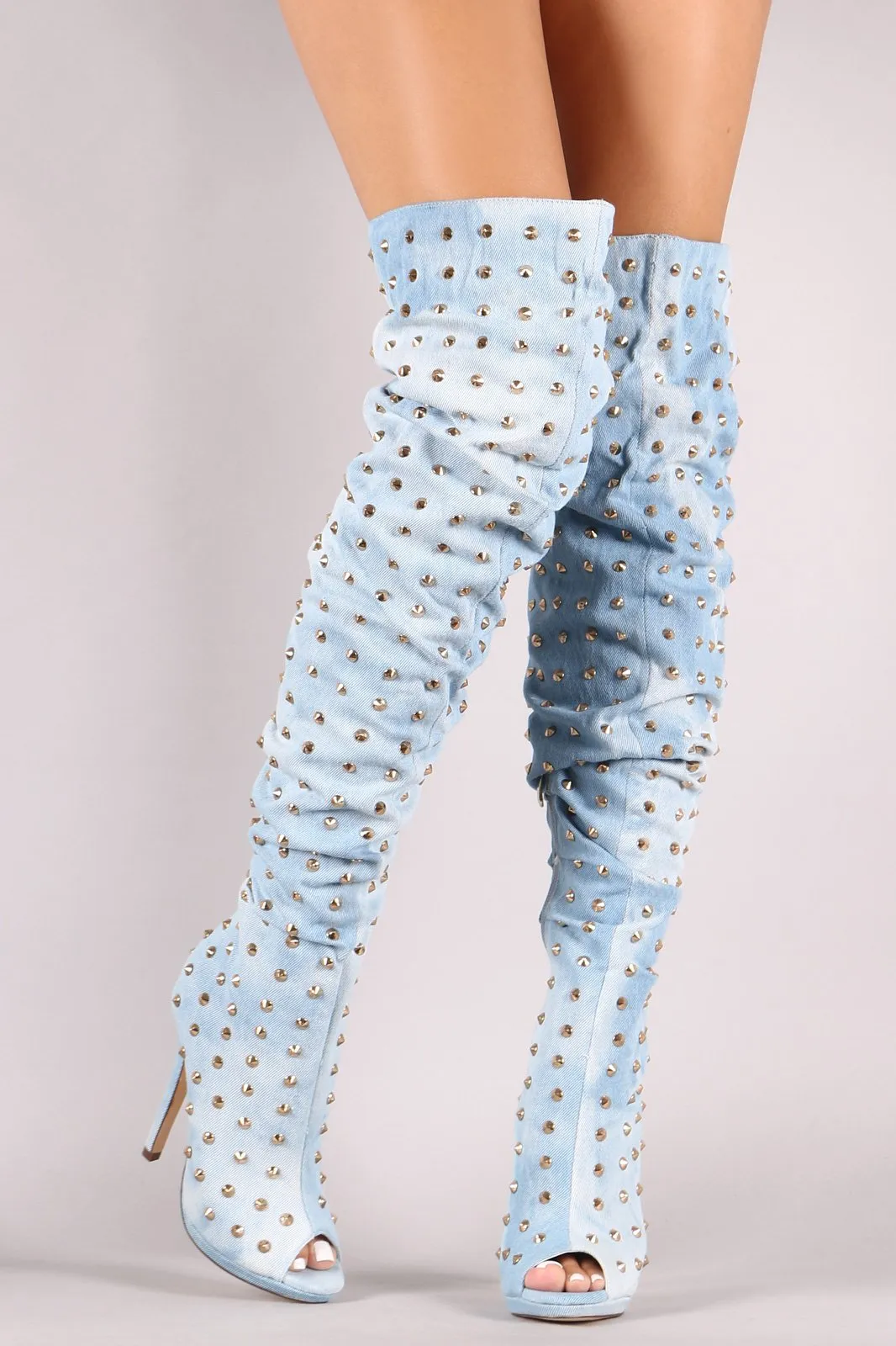 Liliana Studded Spike Denim Slouchy Over-The-Knee Boots