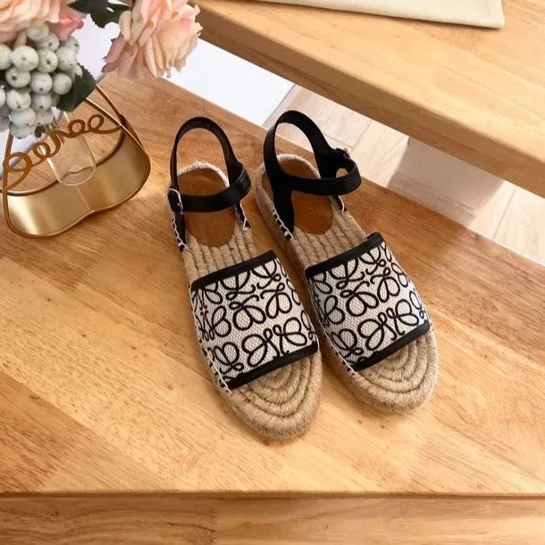 Loew Anagram Black White Beige Leather And Canvas Espadrille Sandals