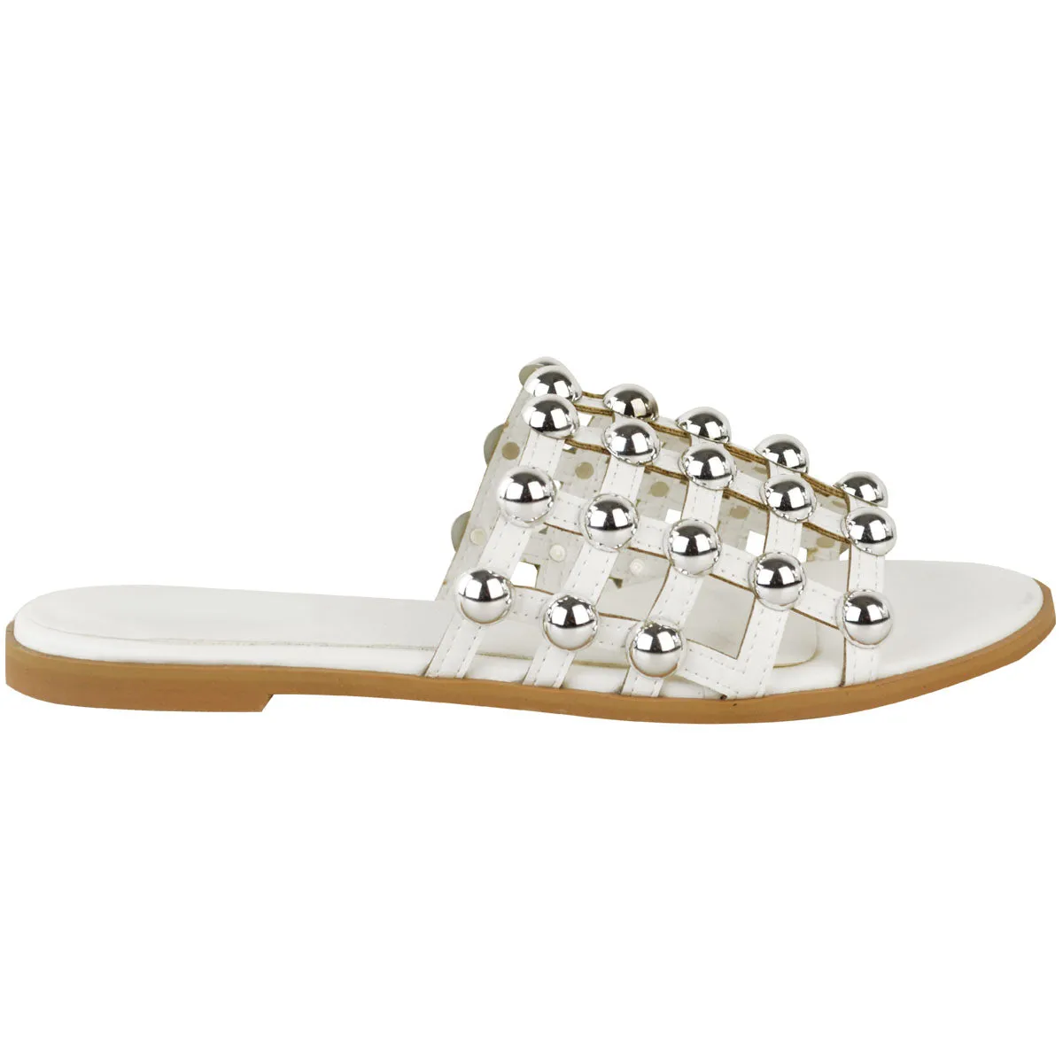 MADISON STUDDED CAGED WHITE SLIDERS