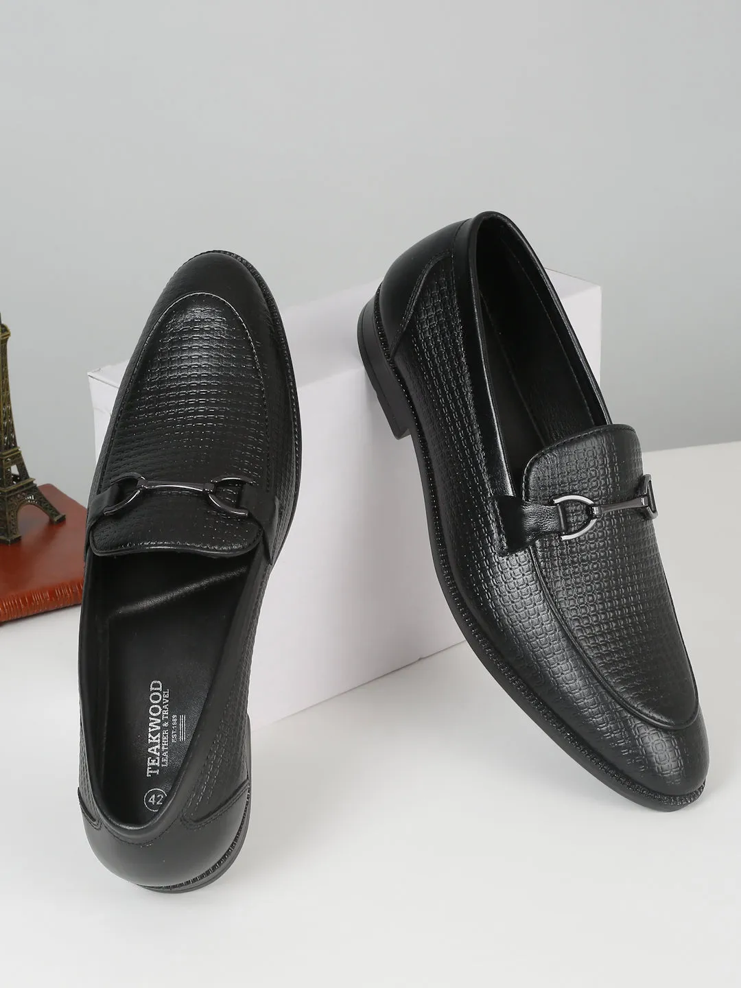 Men's Black Patterned Leather Moccasins with buckle