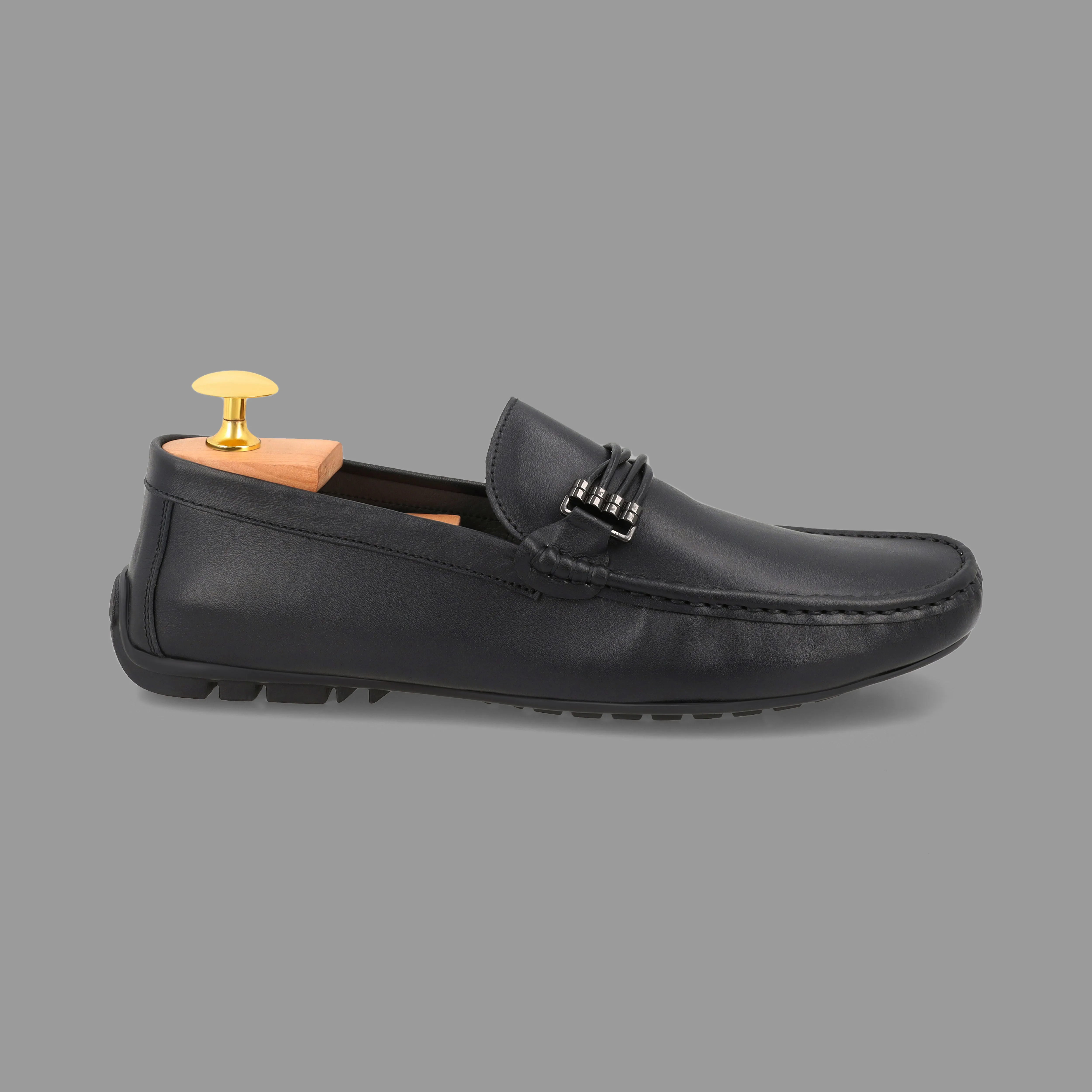 Metallic Cross-Buckled Mocassins-Black