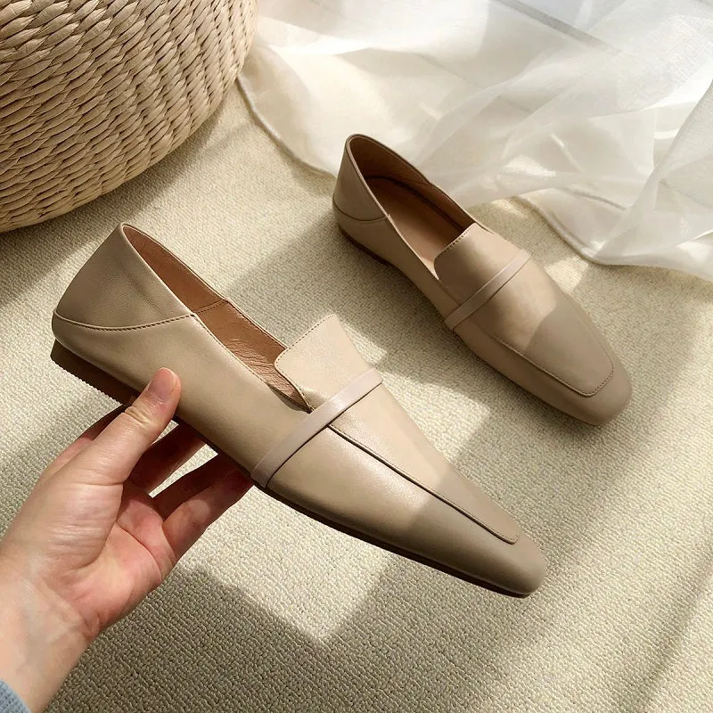 MEZEREON Cow Leather Square Toe Women Flats Casual Loafers Women Shoe Without Heel Spring Autumn Mules Woman Simple Shoes