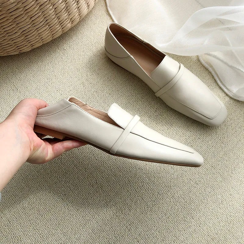 MEZEREON Cow Leather Square Toe Women Flats Casual Loafers Women Shoe Without Heel Spring Autumn Mules Woman Simple Shoes