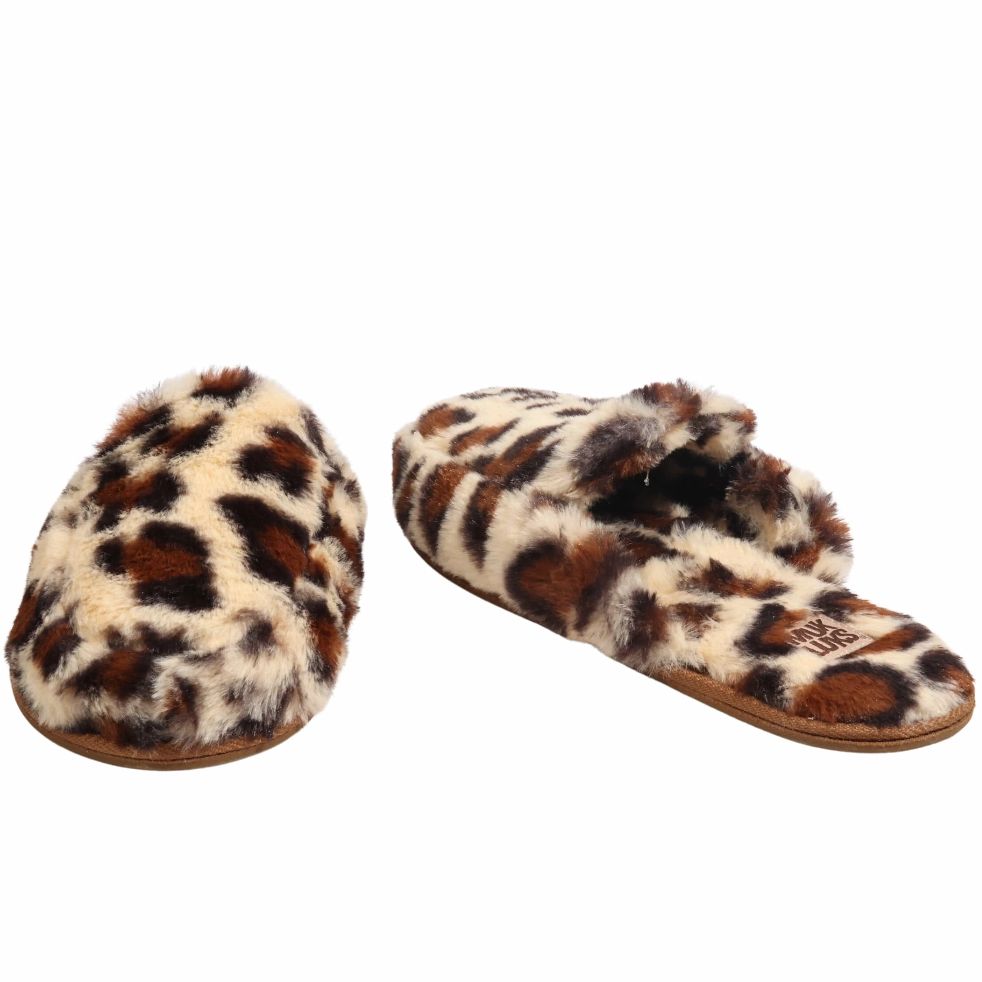 MUK LUKS - Tan Leopard Fuzzy Twist-Top Bardot Slide Slipper