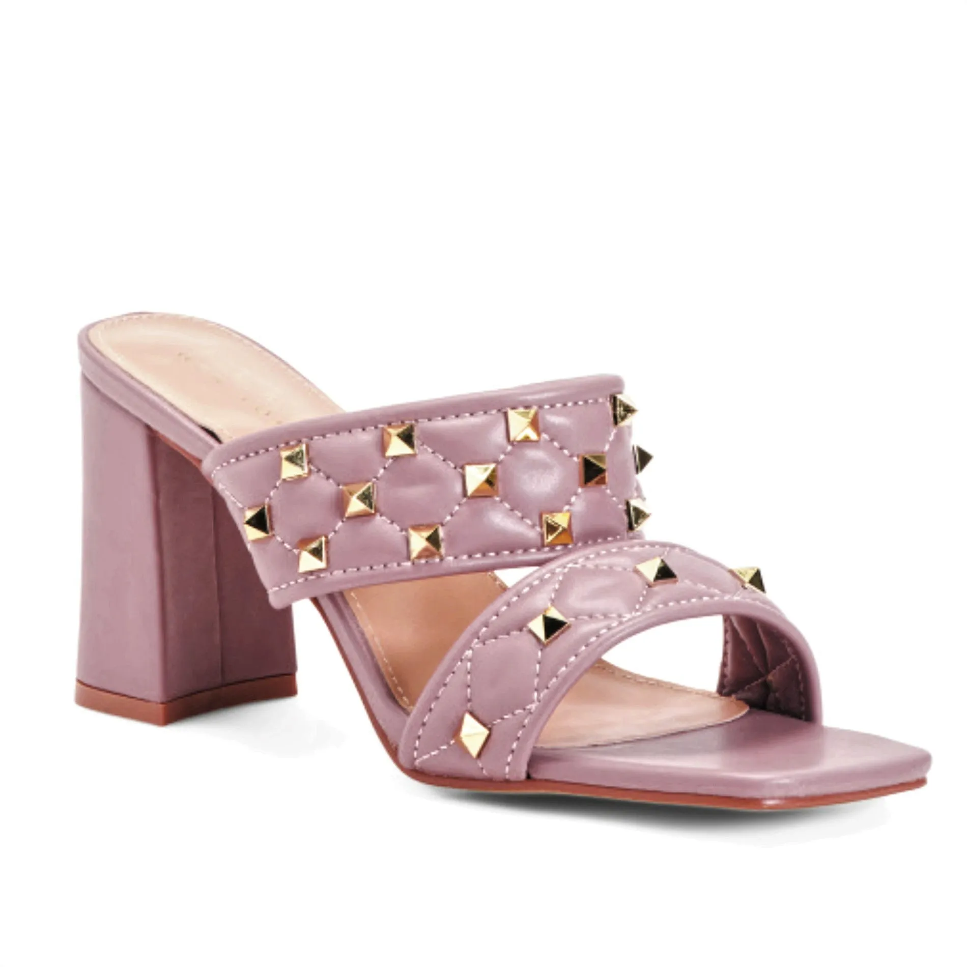 Nicole Miller Quilted Studded Square Toe Block Heel Slide-on Sandals