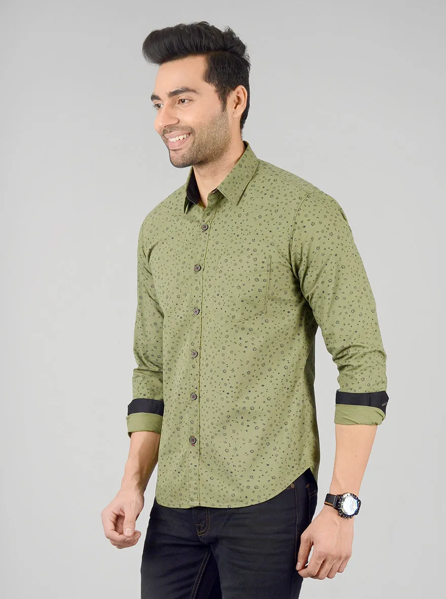 Olive Green Printed Slim Fit Casual Shirt | Greenfibre