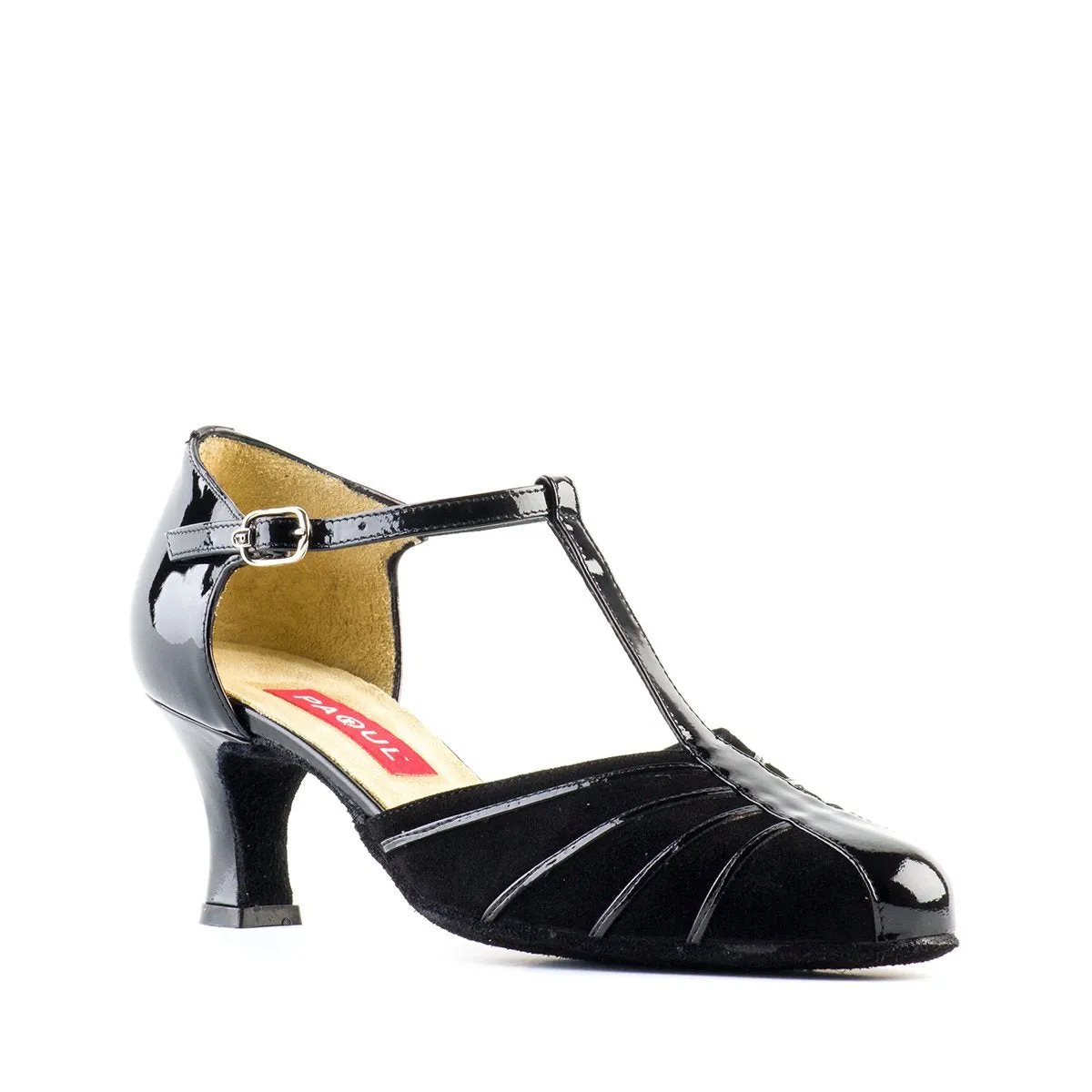 Paoul Sanguchito Ladies Black Patent Argentine Tango Dance Shoe with Black Suede Contrast on Upper