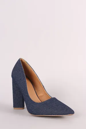 Qupid Denim Pointy Toe Chunky Heeled Pump