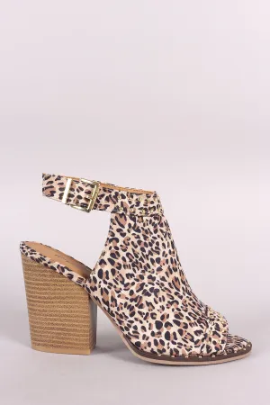 Qupid Leopard Studded Open Toe Slingback Chunky Heel Mule