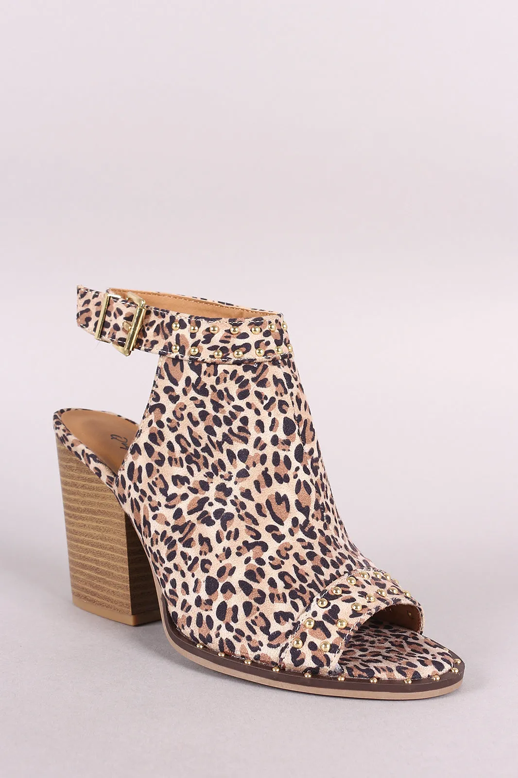 Qupid Leopard Studded Open Toe Slingback Chunky Heel Mule