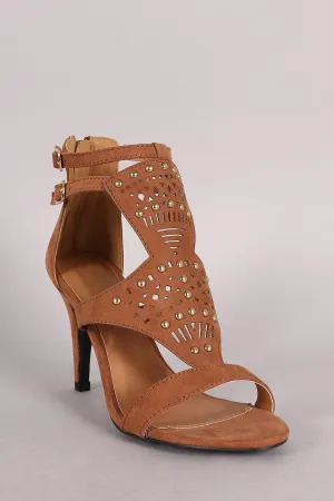 Qupid Suede Perforated And Studded Open Toe Heel