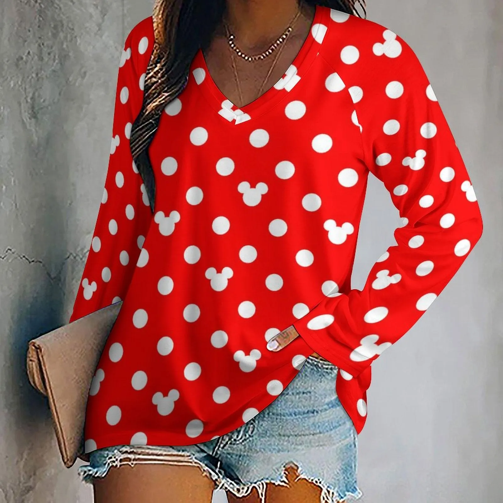 Red With White Mickey Polka Dots Long Sleeve Loose V-Neck Tee