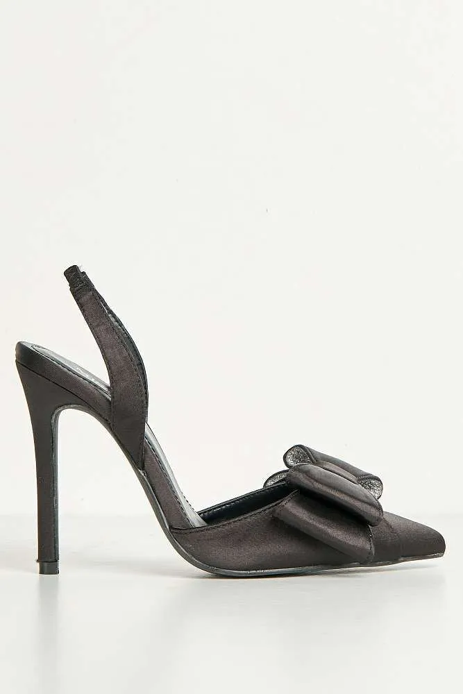 Salwa Pointy Toe Bow Slingback Court Shoes in Black Satin