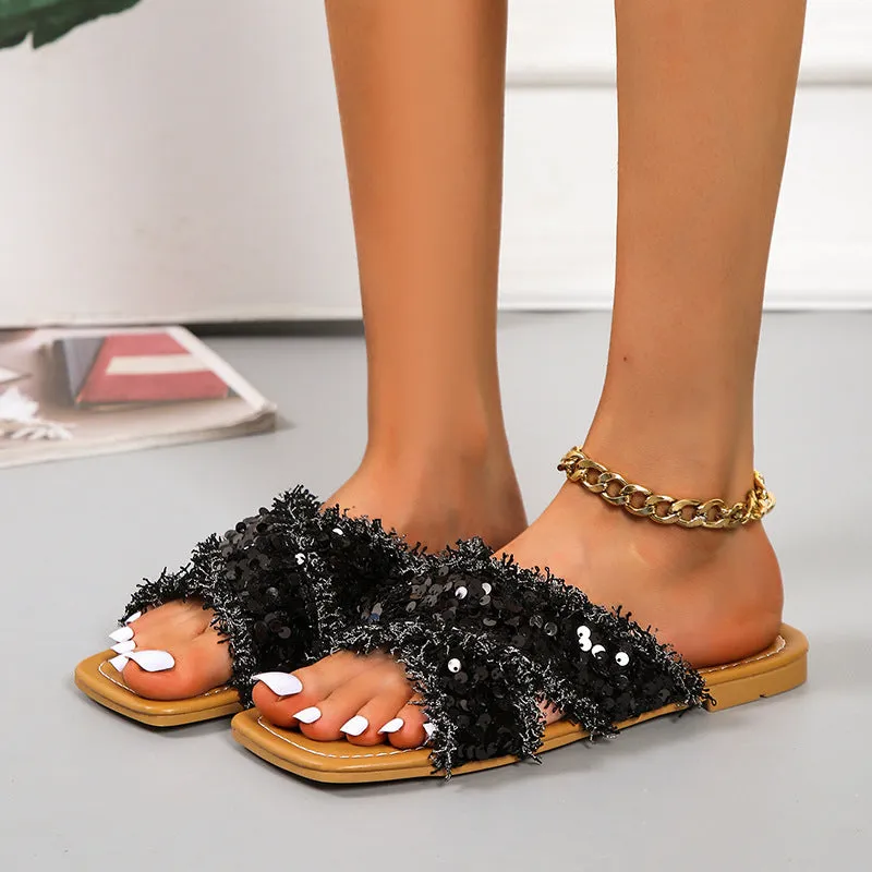 Sequin cross flat slippers