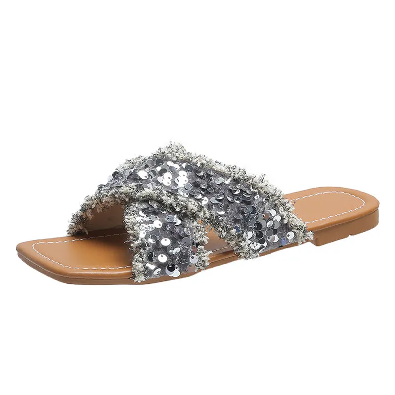 Sequin cross flat slippers