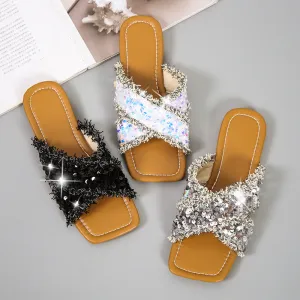 Sequin cross flat slippers