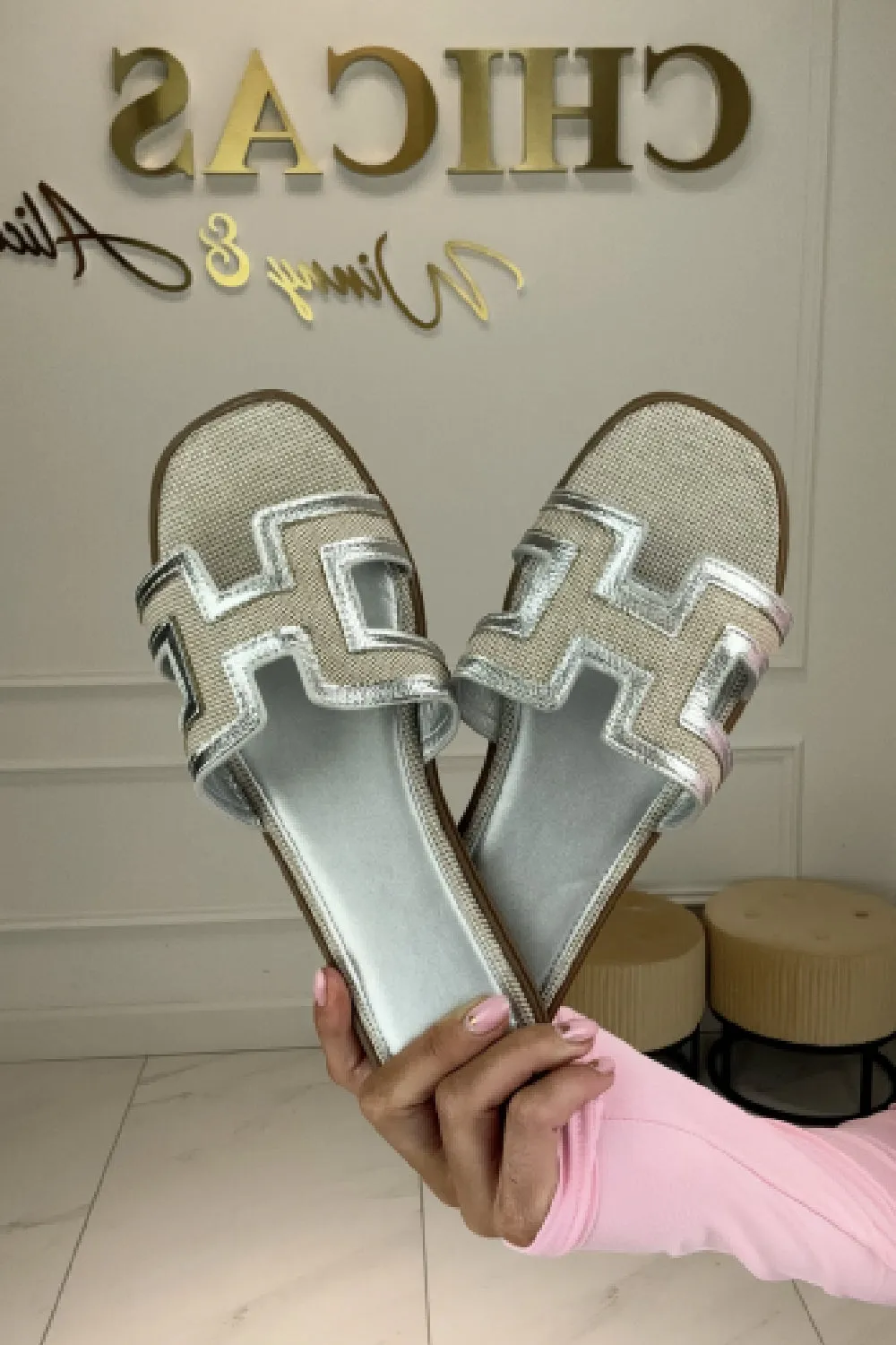 SILVER FAUX LEATHER DESIGNER STRAP SANDALS