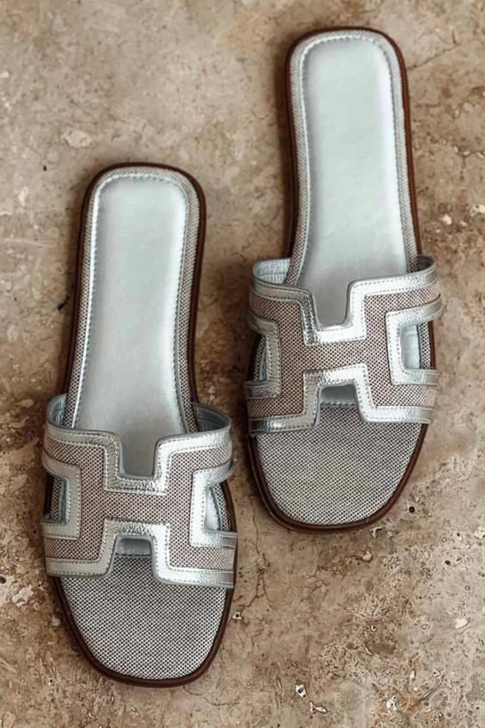 SILVER FAUX LEATHER DESIGNER STRAP SANDALS