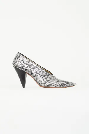 Silver Printed Leather V-Neck Pump