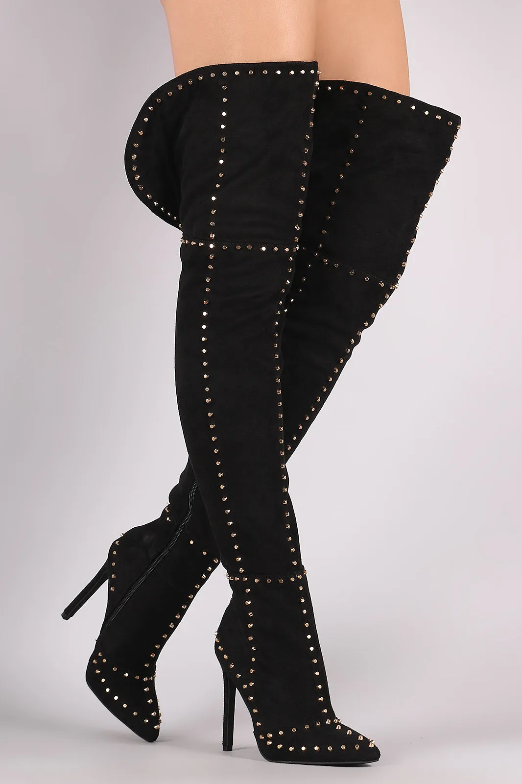 Studded Suede Pointy Toe Stiletto Over-The-Knee Boots