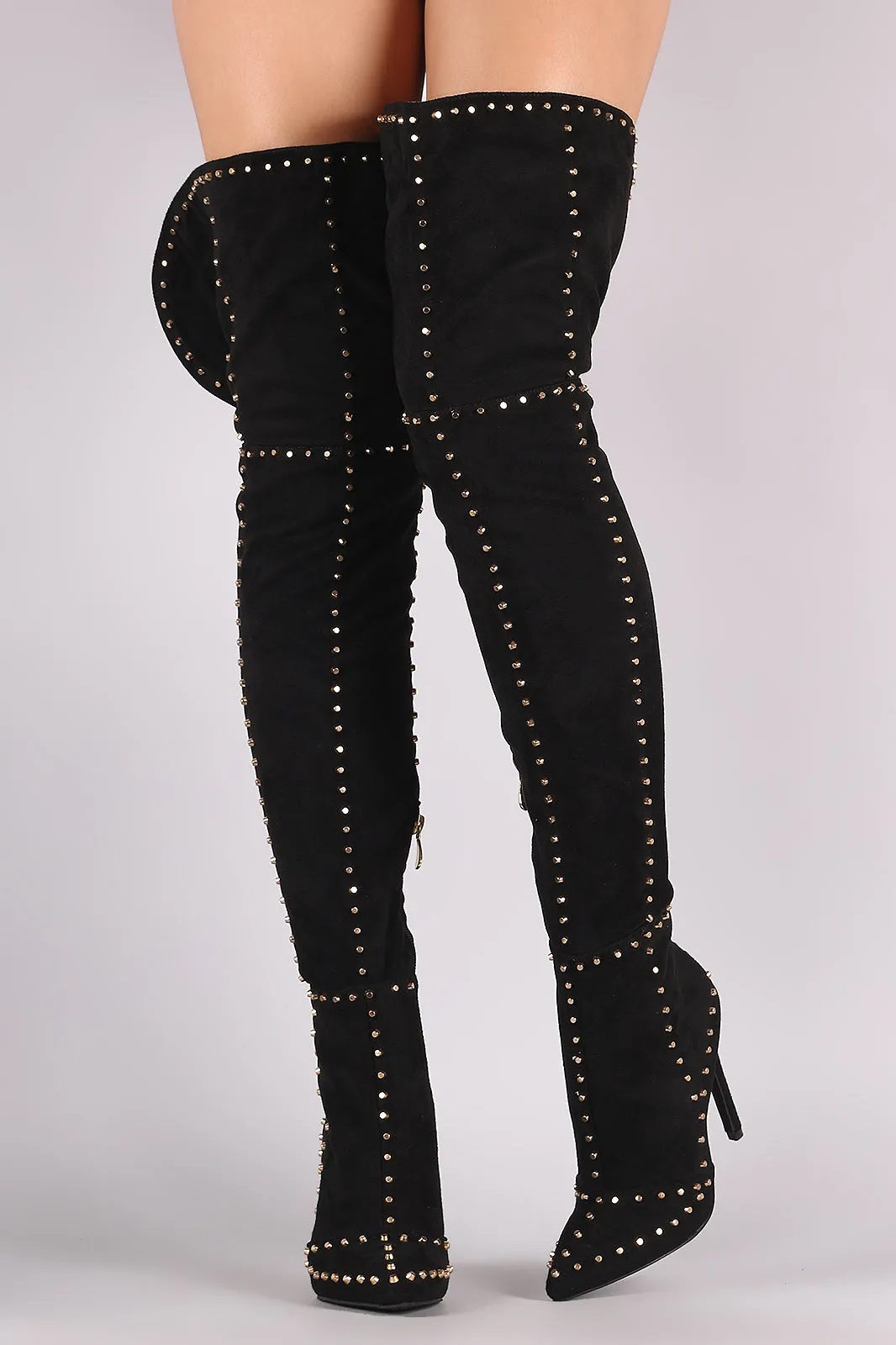 Studded Suede Pointy Toe Stiletto Over-The-Knee Boots