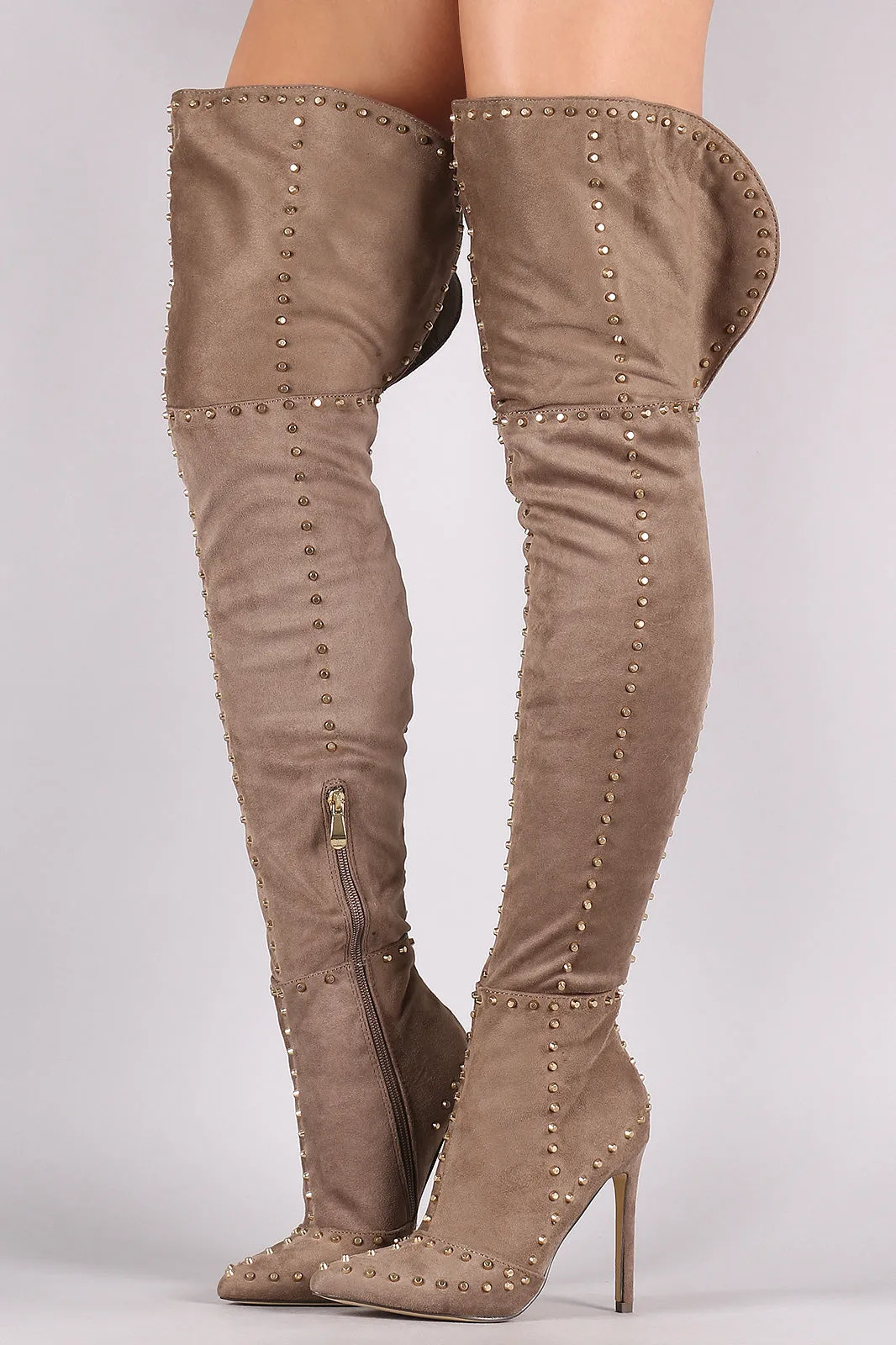 Studded Suede Pointy Toe Stiletto Over-The-Knee Boots