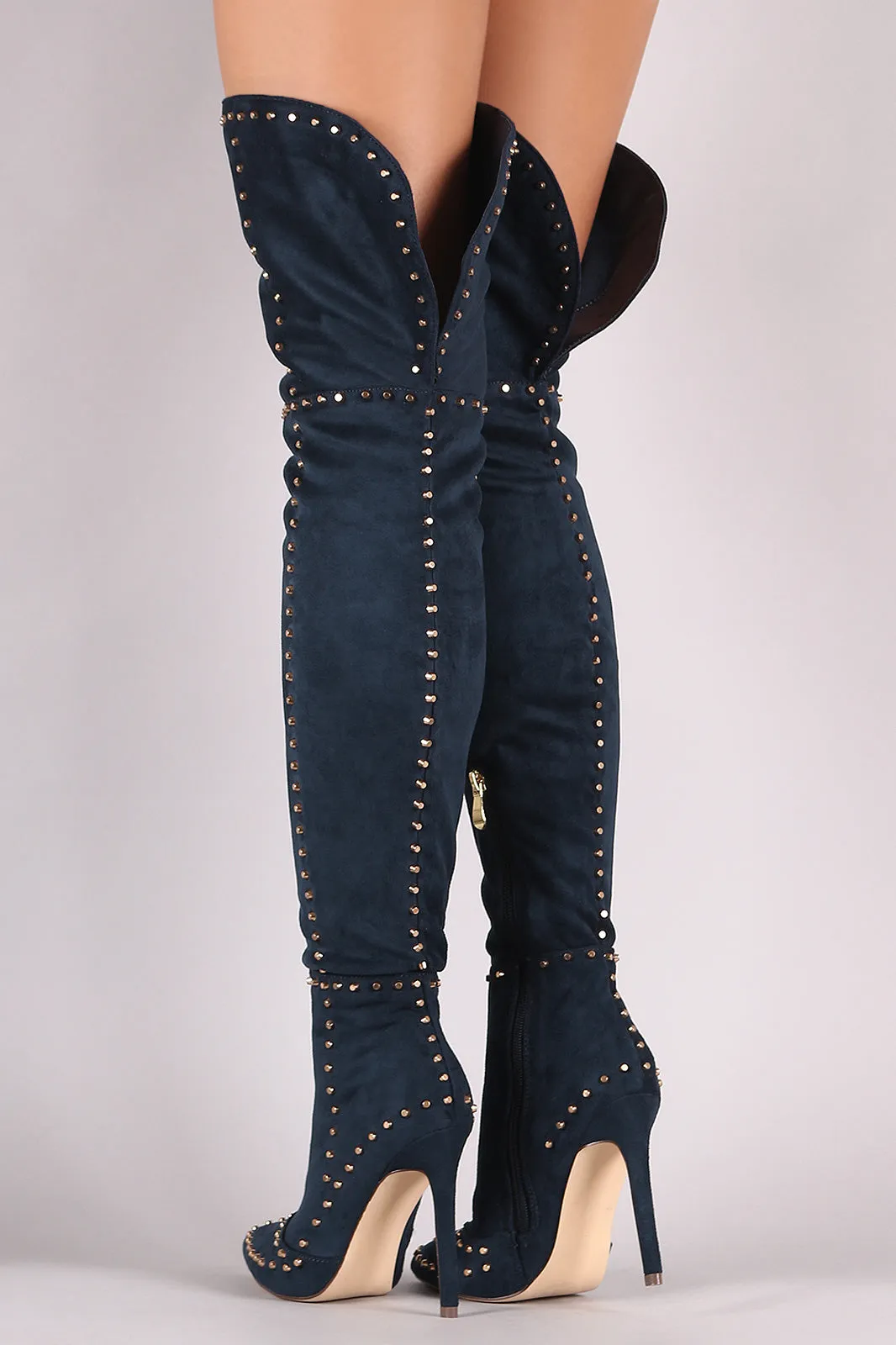 Studded Suede Pointy Toe Stiletto Over-The-Knee Boots