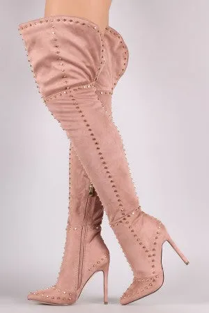 Studded Suede Pointy Toe Stiletto Over-The-Knee Boots