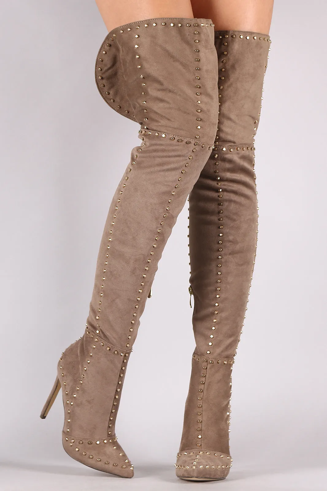 Studded Suede Pointy Toe Stiletto Over-The-Knee Boots