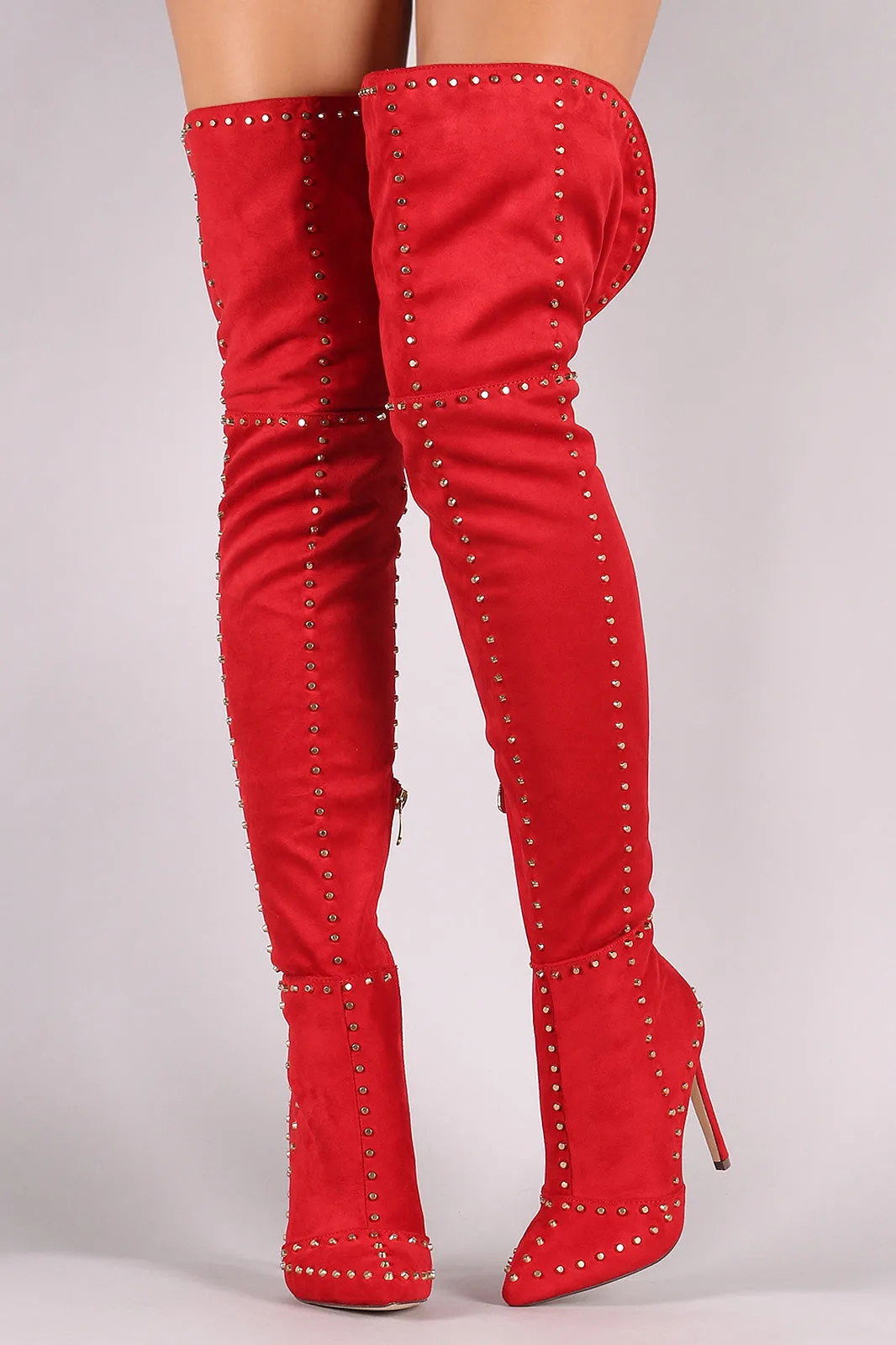 Studded Suede Pointy Toe Stiletto Over-The-Knee Boots