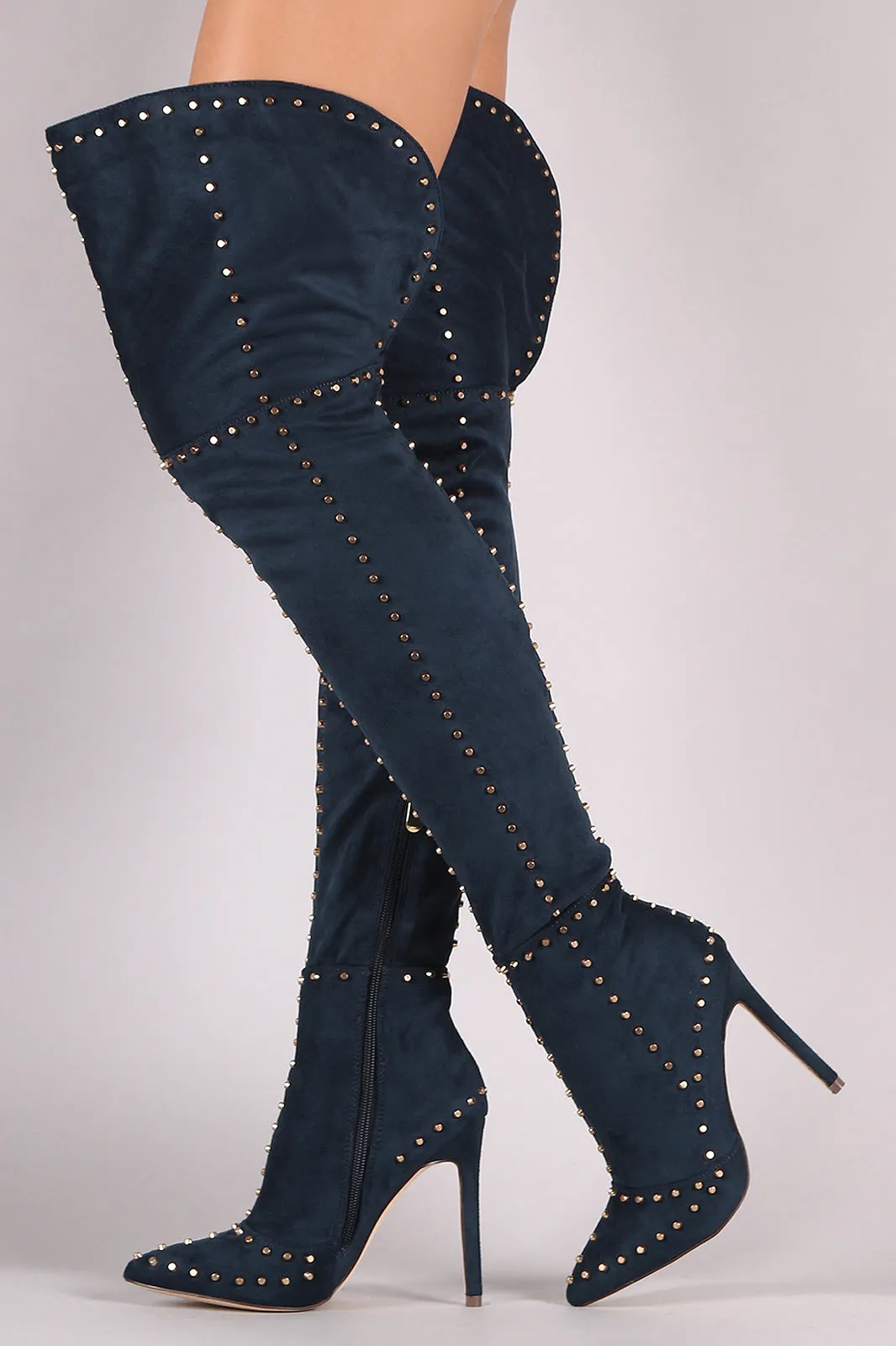 Studded Suede Pointy Toe Stiletto Over-The-Knee Boots