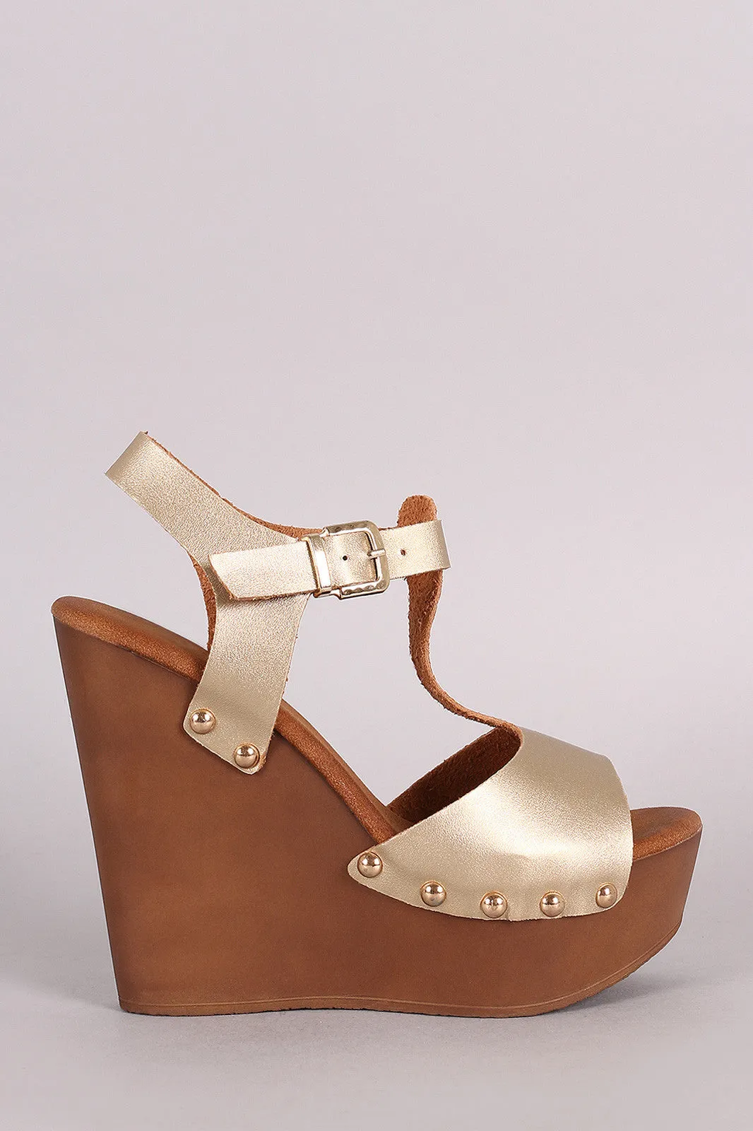 Studded T-Strap Faux Wooden Platform Wedge